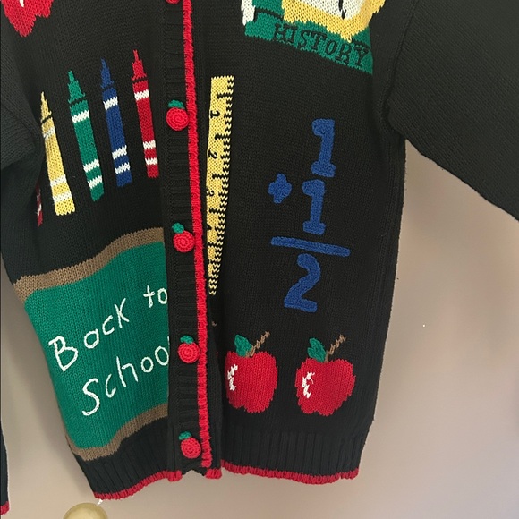 Vintage 90s Teachercore School Motif Novelty Knit Sweater Cardigan Size L - Picture 9 of 12